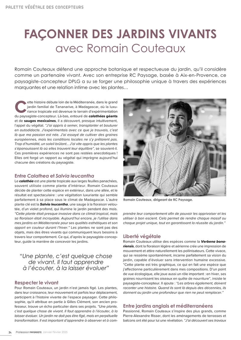 Première page de l'article Façonner des jardins vivants avec Romain Couteaux, Profession Paysagiste n°140, janvier-février 2025