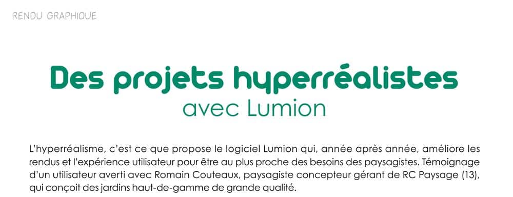 En-tête de l'article Des projets hyperréalistes avec Lumion, Profession Paysagiste novembre-décembre 2021, témoignage de Romain Couteaux