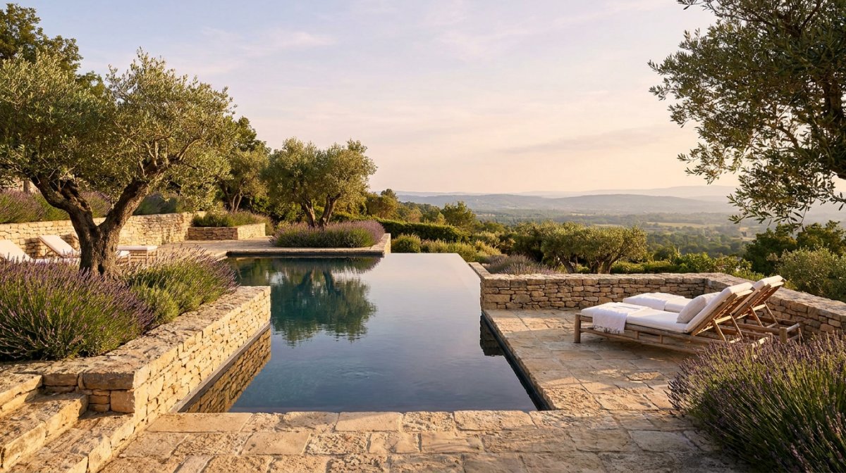 Piscine à débordement intégrée à un jardin en restanques en Provence