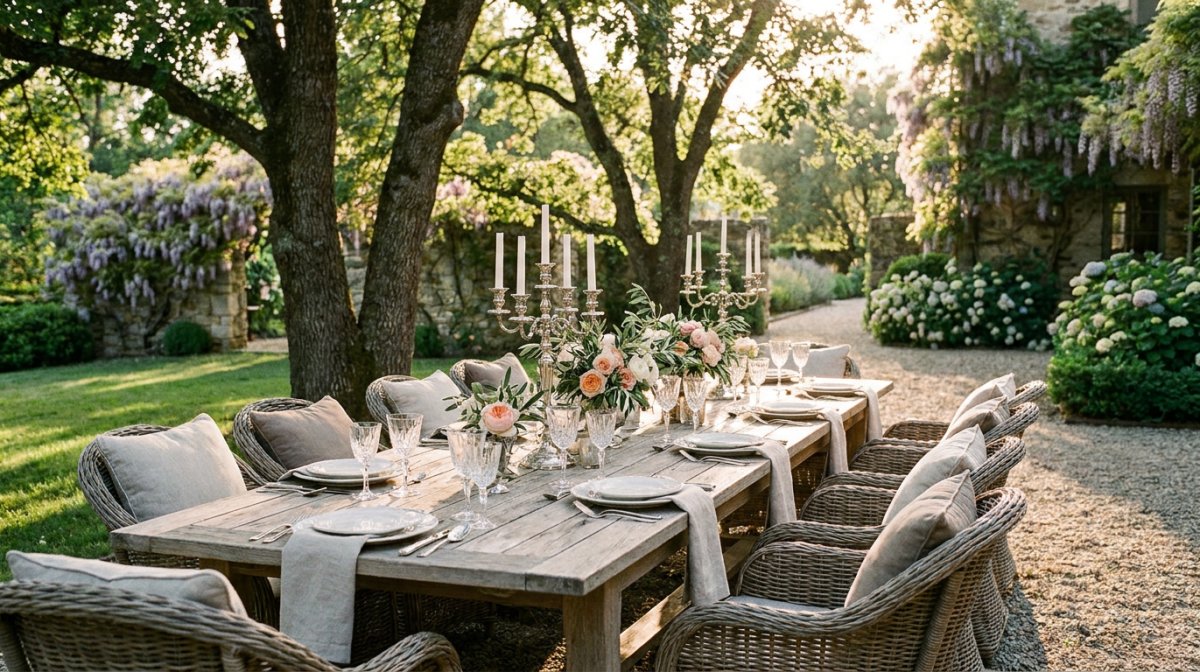 Espace de réception extérieur dans un jardin haut de gamme provençal