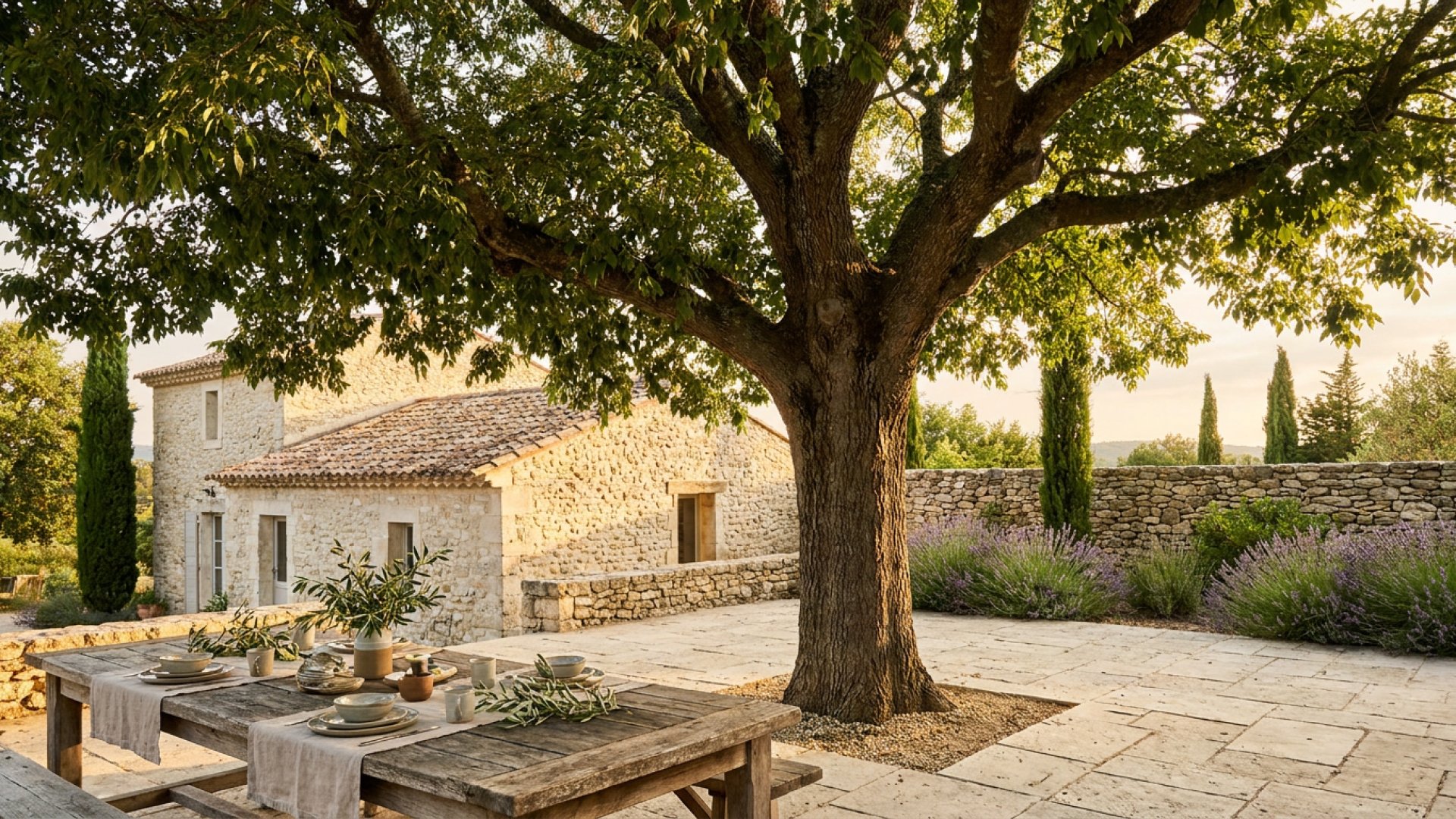 Micocoulier arbre d’ombrage Provence Micocoulier de Provence ombrageant une terrasse de bastide provençale