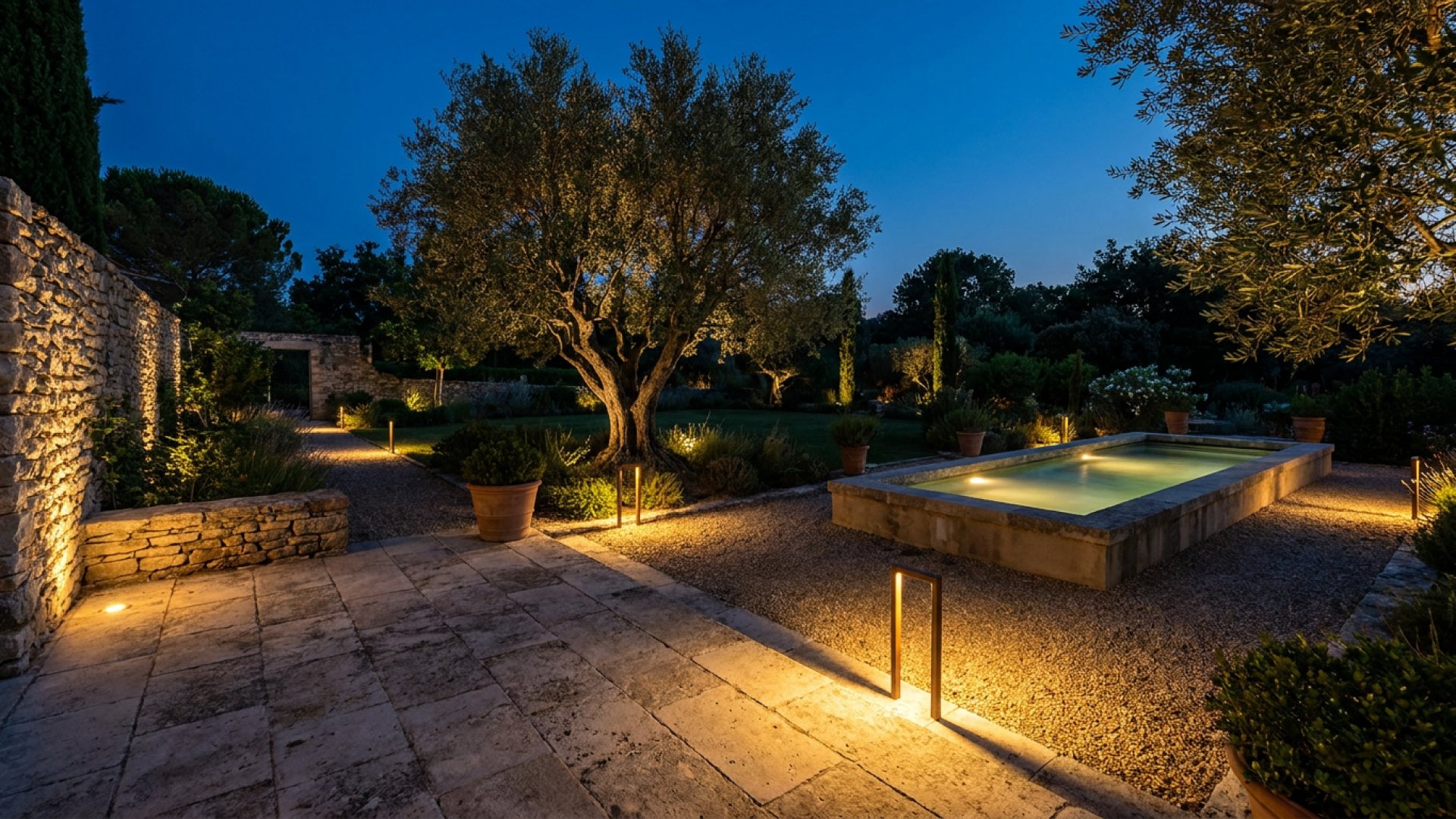 Éclairage de jardin mise en lumière Provence Éclairage de jardin nocturne, olivier sculpté par la lumière et mur en pierre texturé en Provence