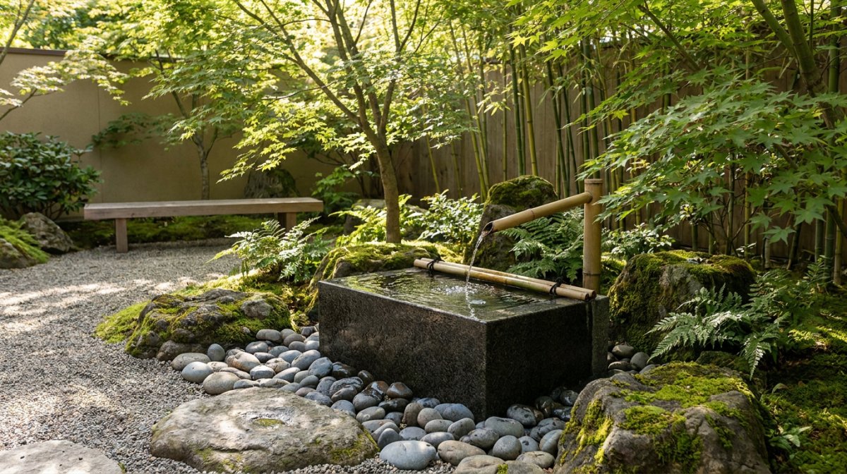 Jardin japonisant avec fontaine, projet Parenthèse