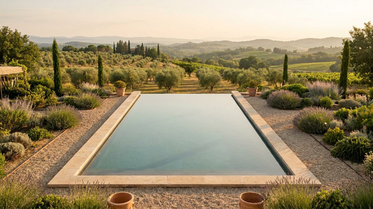 Piscine à débordement avec vue panoramique sur les collines de Provence