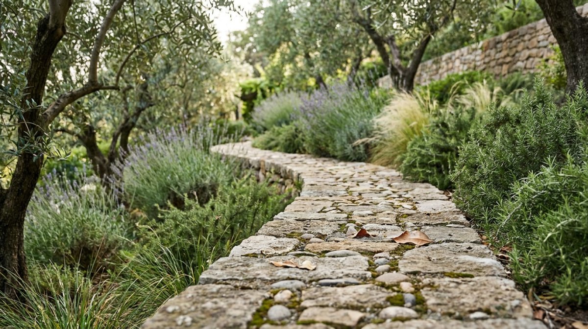 Allée en pierre naturelle dans un jardin haut de gamme en Provence